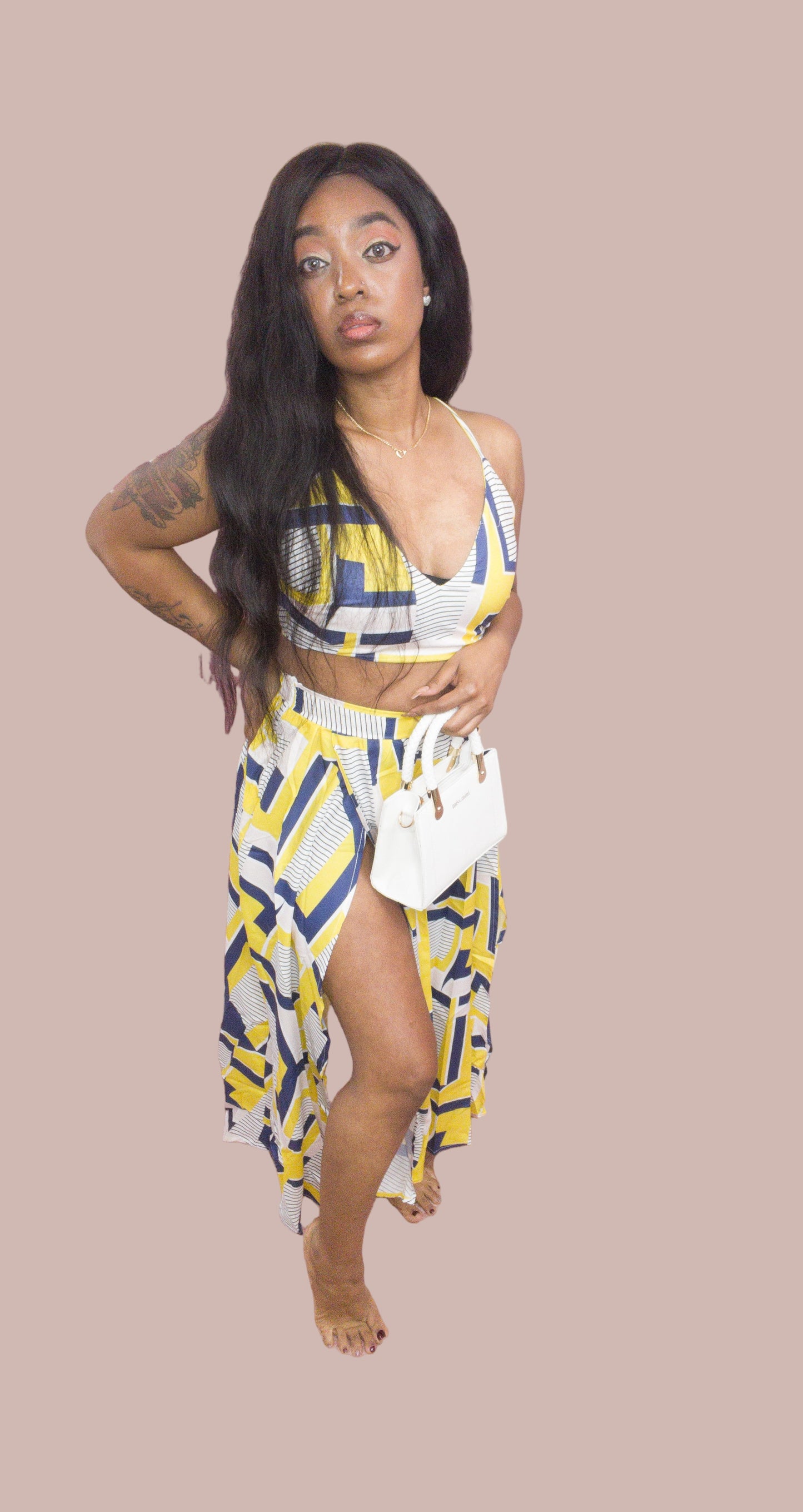 Yellow,Blue,White High Waist Skirt Set