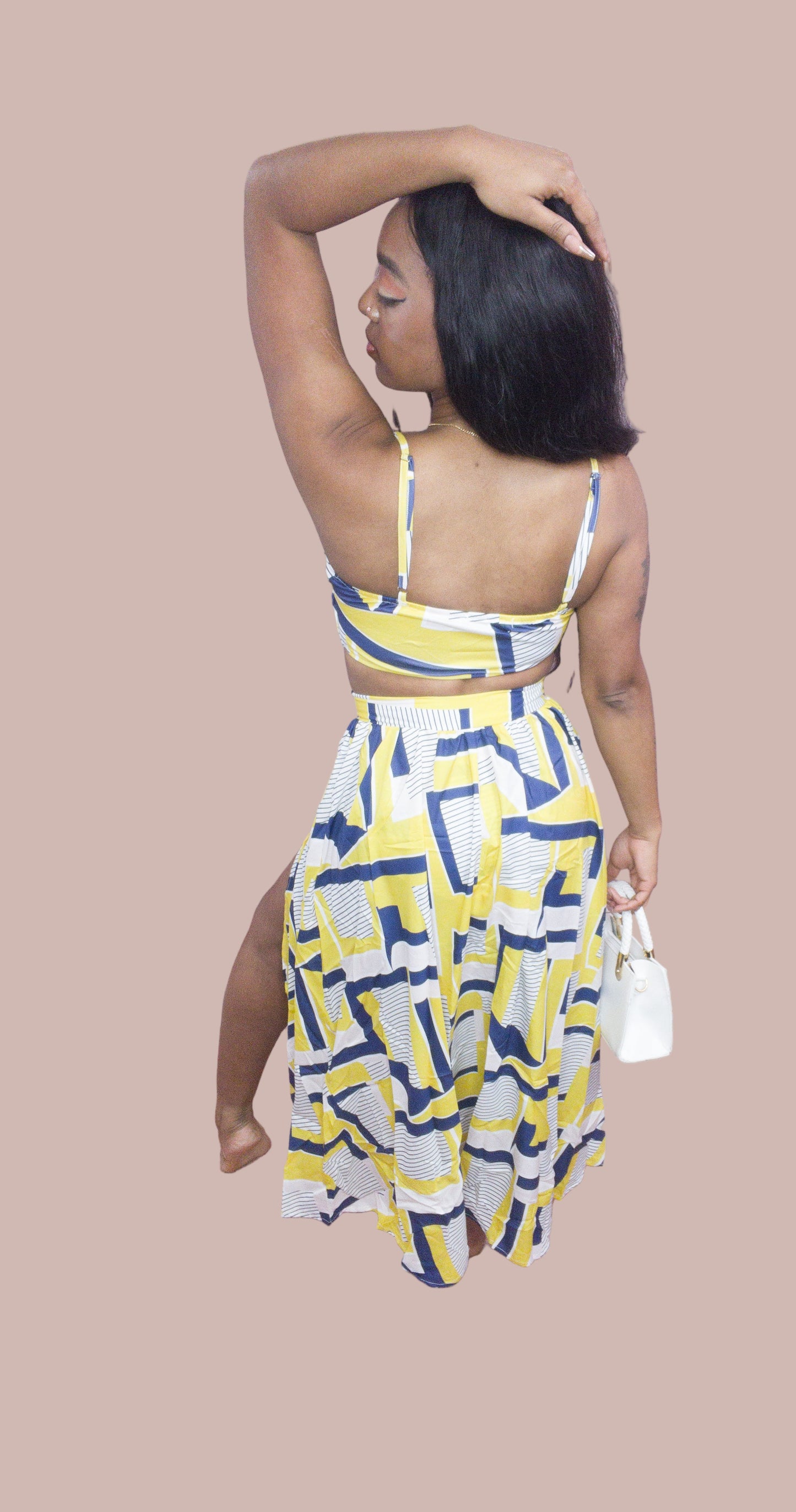 Yellow,Blue,White High Waist Skirt Set