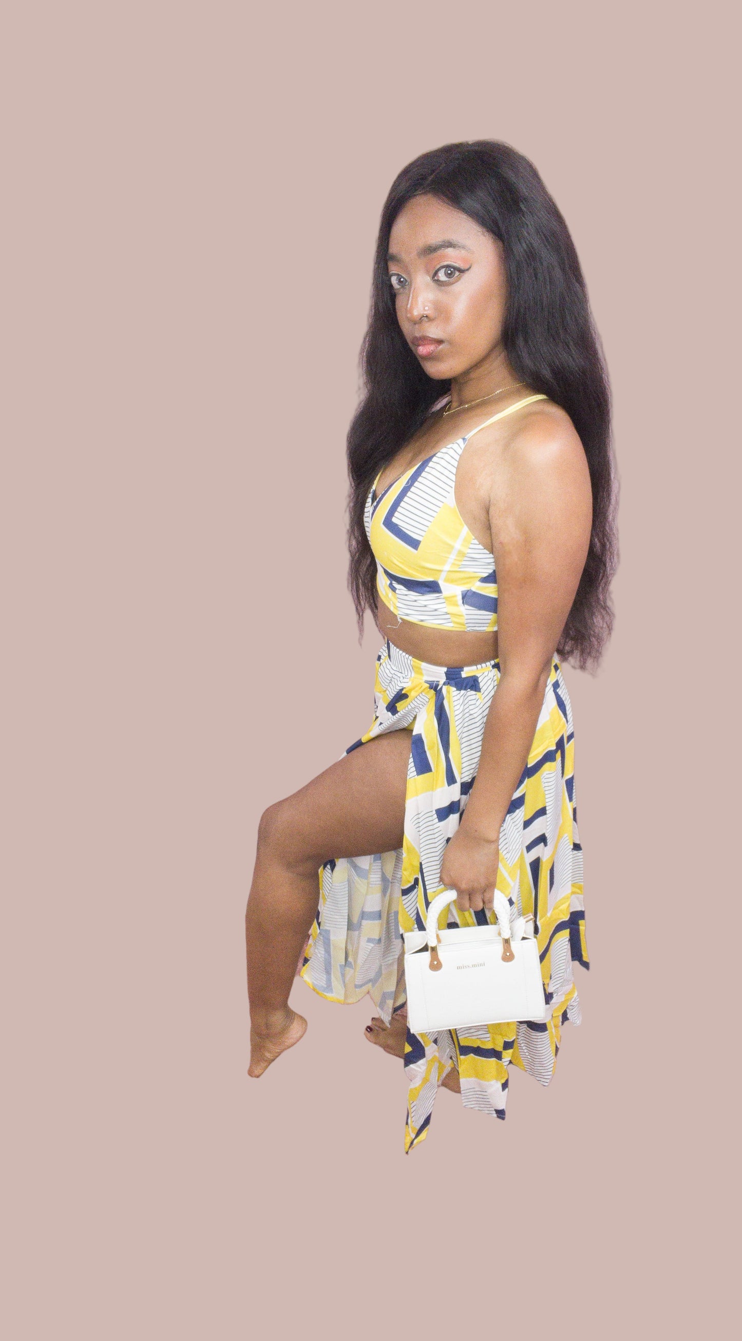 Yellow,Blue,White High Waist Skirt Set